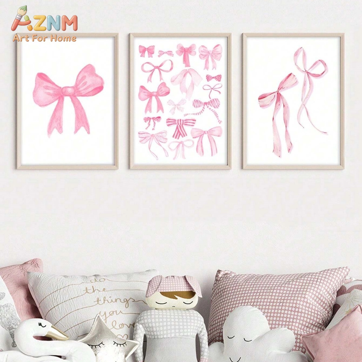 Baby Nursery Sets - 3PCS Pink Watercolor Bow Canvas Wall