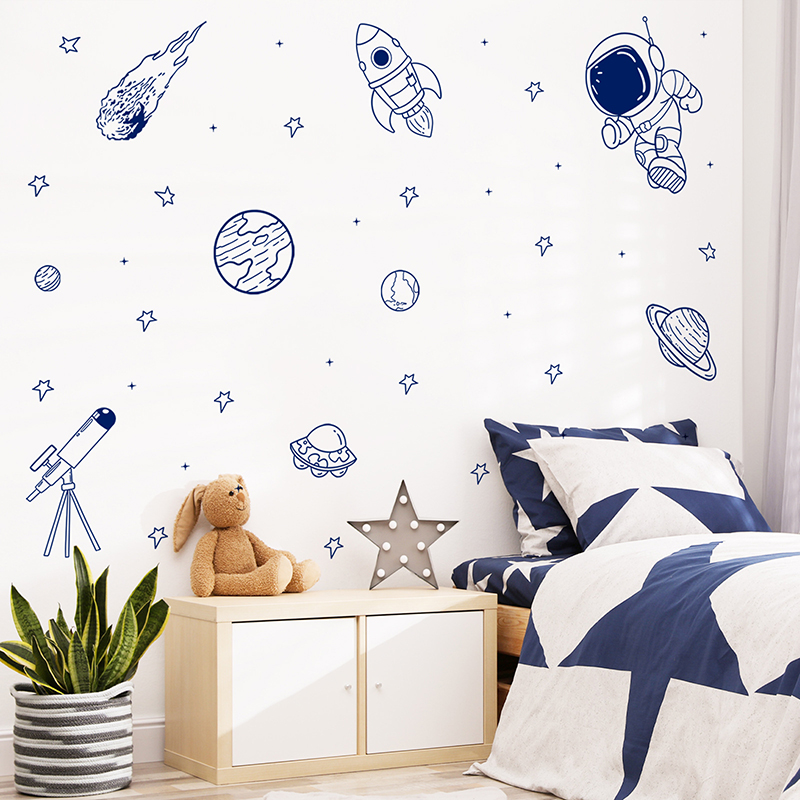 Baby Nursery Vinyl - Cartoon Universe Astronaut Planet Rocket Wall