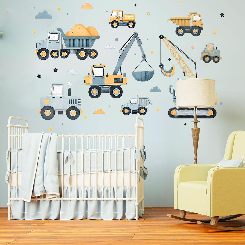 Cartoon Excavator Vehicles Set - Baby Nursery Vinyl 评论和价格