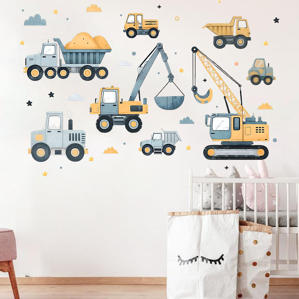 Cartoon Excavator Vehicles Set - Baby Nursery Vinyl 评论和价格