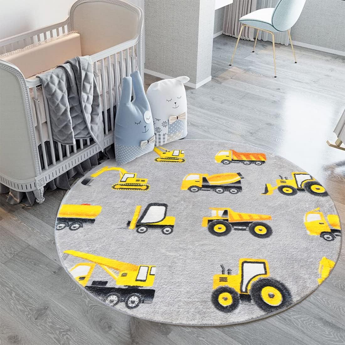 Gray Construction Vehicle Roun - Baby Nursery Yellow 评论和价格