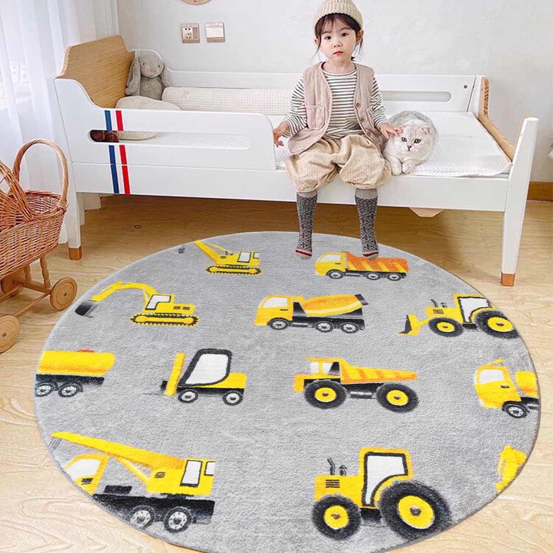 Gray Construction Vehicle Roun - Baby Nursery Yellow 评论和价格
