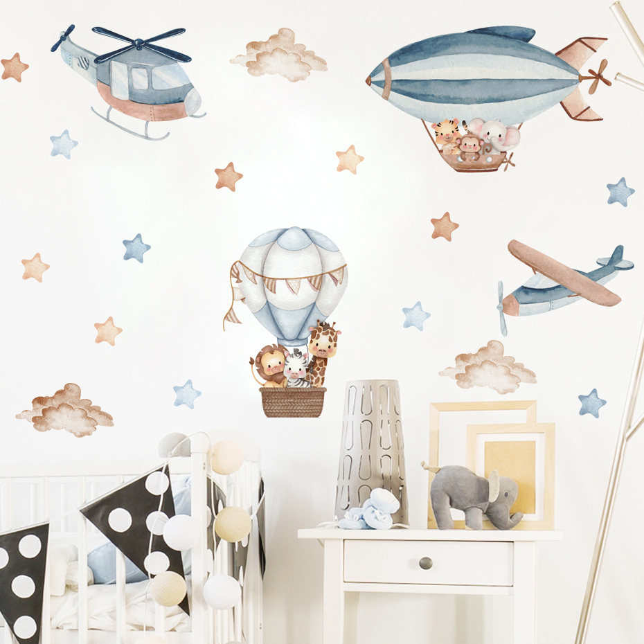 Watercolor Animals Hot Air Bal - Baby Nursery Vinyl 评论和价格
