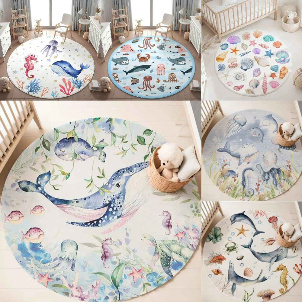 Blue Marine animal Round Carpe - Baby Nursery Carpet 评论和价格